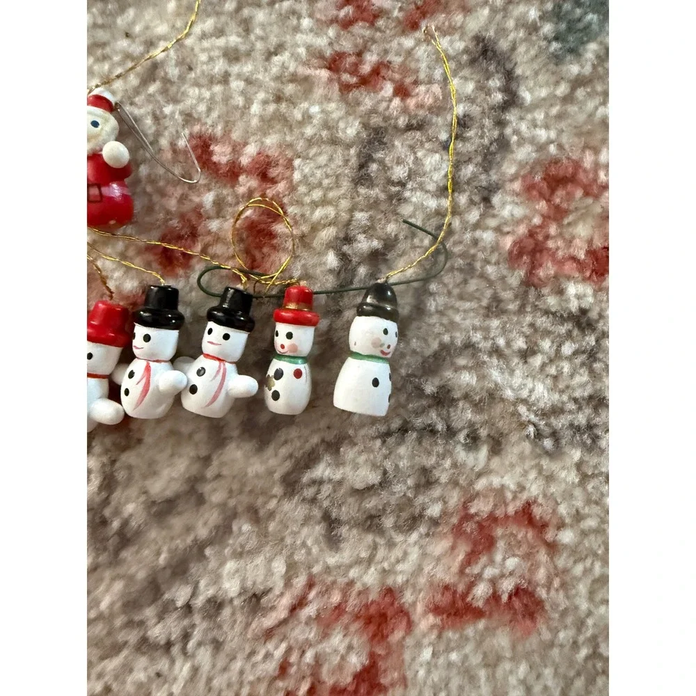 Vintage Miniature Wooden Christmas Ornaments Set‎ 7pc Santa Snowmen Hand Painted